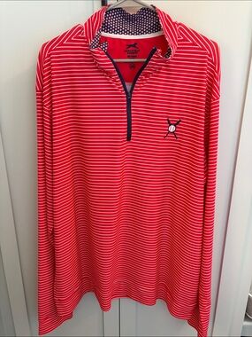 Chalktalk Sports, Men’s Red Striped Half-Zip Pullover with baseball trim